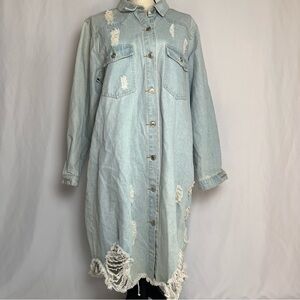 Light Wash Distressed Denim Long Sleeve Shirt Dress